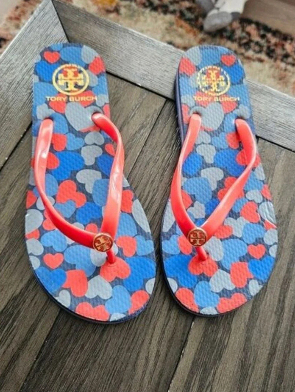 Tory Burch Hearts Gold Logo Flip Flops.